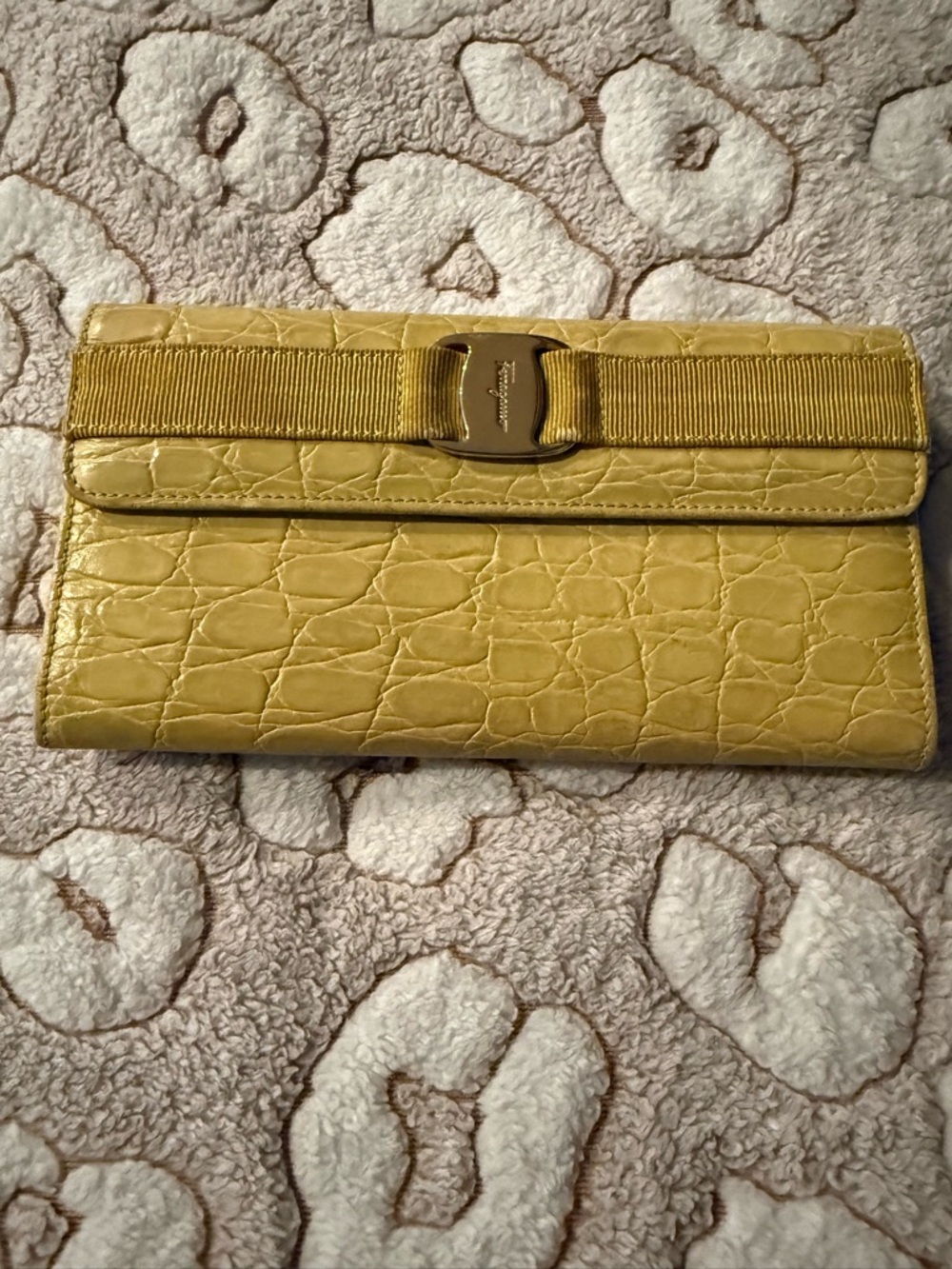 Vintage Salvatore Ferragamo Yellow Croc-Embossed Grosgrain Bow Clutch